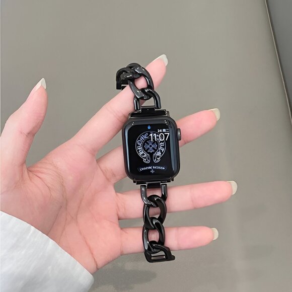 Apple Watch Band Adjustable Stylish Silver Stainless Chain Watch Band - Black - Picture 1 of 7